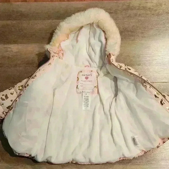 Carter's Fleece Lined Hooded Puffer Coat Pink Cheetah Print NWOT - Picture 4 of 6